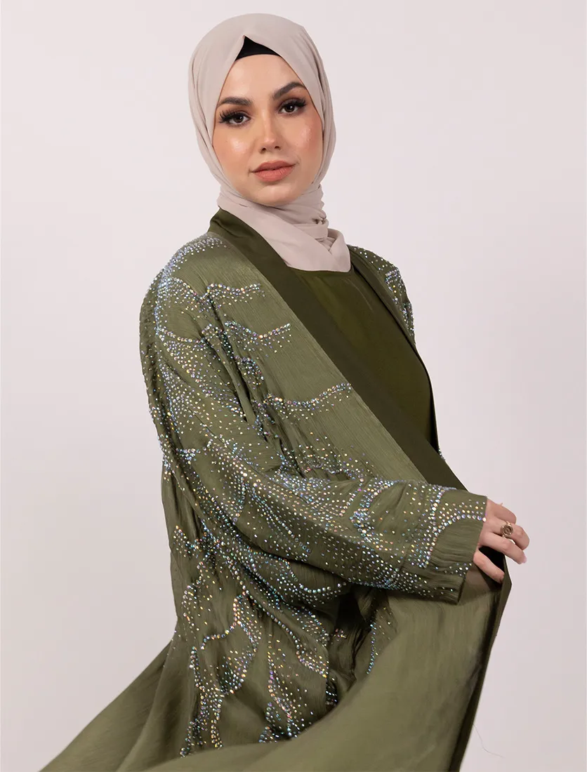 Olive Crystal Embellished Sheer Overlay Abaya